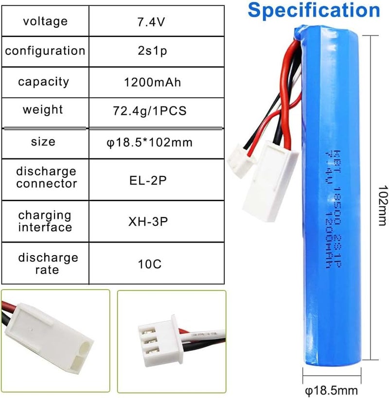 KBT KEEP BETTER TECH KBT 7.4V 1200mAh Li-ion Rechargeable Battery Pack with EL-2P Discharge Connector & XH-3P 3Pin Charging Cable Charge Plug Lithium-ion Toy Batteries Replacement for RC Car RC Boat Gel Blaster SRB 1200 - Image 3